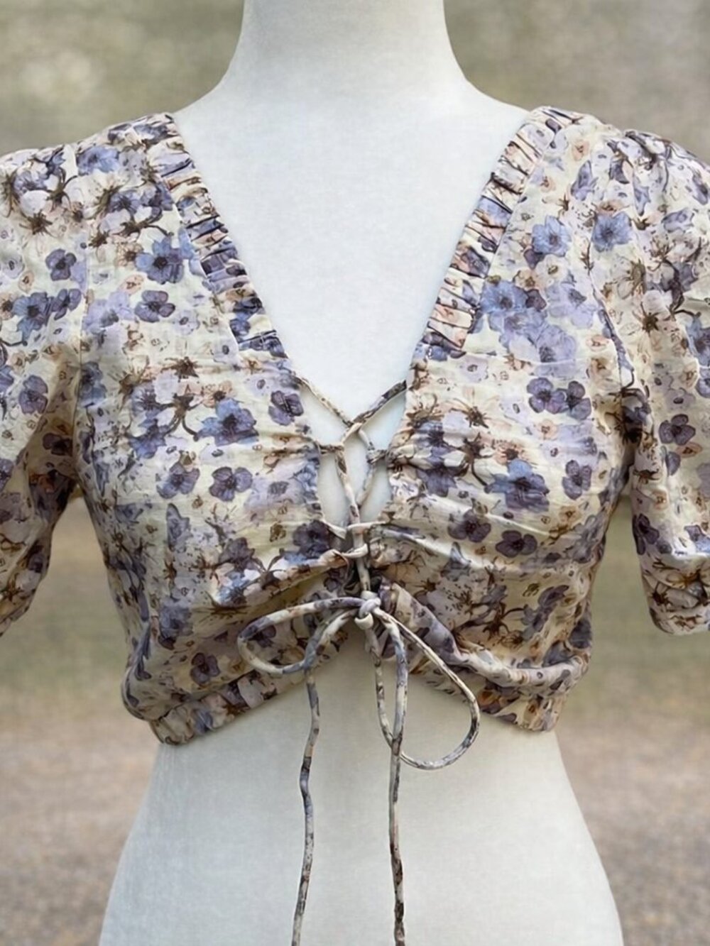 Floral Puff Sleeve Lace‑Up Crop Top Romantic Cottagecore Vintage Boho
